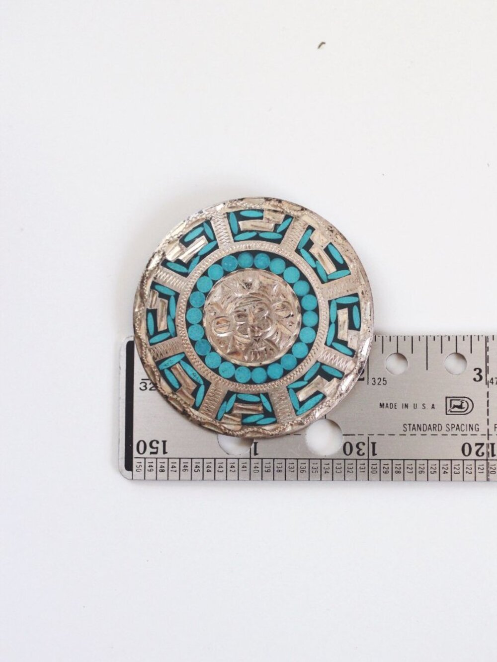 Vintage Sterling Silver Turquoise Brooch Pendant Mosaic Inlay Aztec Mayan - Picture 8 of 8